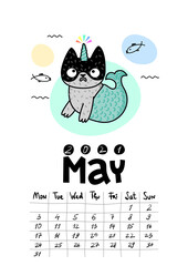 Calendar page with cute cat on white background. Wall monthly calendar or desk calendar 2021. May Month.