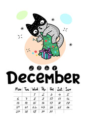 Calendar page with cute cat on white background. Wall monthly calendar or desk calendar 2021. December Month.