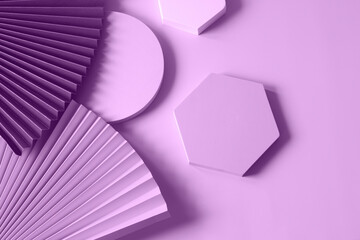 composition of geometric shapes, paper fans on a purple background