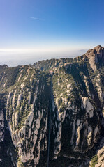 Aerial drone shot of Montserrat Mountain peak in winter morning near Barcelona
