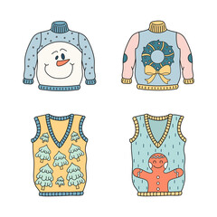 Set of cute ugly Christmas sweaters. Vintage winter clothes with various prints for party. Vector hand drawn illustration for your seasonal design, card template, banner, invitation, advertising,flyer