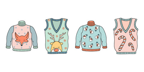 Cute hand drawn vector ugly Christmas sweaters and vests collection. Colorful festive elements for design package, wrapping paper, banner, print, card, gift, fabric, textile, label, advertising, flyer
