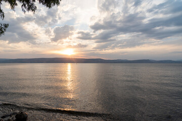 Sunset over the Sea of Galilee and Golan Heights. High quality photo.