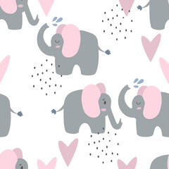 Obraz na płótnie Canvas Seamless background with cute elephants with hearts. Decorative cute wallpaper for the nursery in the Scandinavian style. Suitable for children's clothing, interior design, packaging, printing.