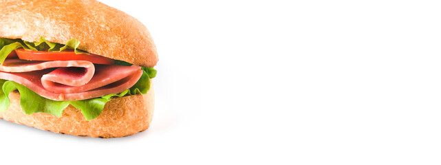 Fresh sandwich with ham, cheese, tomatoes and salad leaves isolated ready-to-eat. Hot dog bread with perfect ham Isolated on white, long horizontal banner