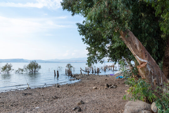 Blue cloudy sky over the Sea of Galilee and Golan Heights over the Sea of Galilee and Golan Heights. High quality photo.