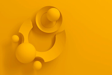 Abstract three-dimensional background of many circles with a stylized display of the planet and satellites on orange background. 3D illustration