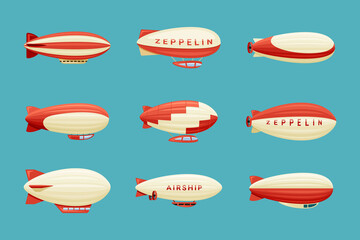 Airships set. Retro zeppelin with red white stripes cabins for passengers elongated huge balloons with helium for free travel tourism comfortable transportation to any part world. Vector adventure. © alex_cardo