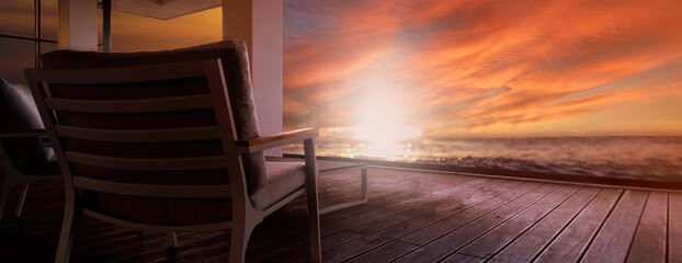 View from the terrace on the picturesque sunset over the sea with copy space for your advertisement (composite image - not real view from the property)