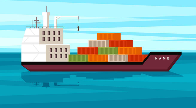 Cargo ship with containers illustration. Large sea freight carrier with red and green metal crates sailing to international port commercial transport delivery and discharge. Cartoon ocean vector.
