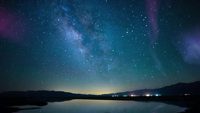 Aurora and Purple and Milky Way Galaxy Time Lapse Reflections On Lake