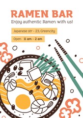 Flyer design with place for text for Asian cuisine restaurant. Leaflet template for Japanese food cafe depicting bowl of ramen or noodle soup with chopsticks. Flat vector illustration.