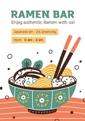 Template of menu cover for Asian cuisine restaurant. Design of leaflet for Japanese food bar. Bowl of ramen or noodle soup. Place for text on white vertical banner. Flat vector illustration