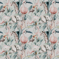 Tropical seamless pattern with flamingo. Watercolor tropic drawing, rose bird and greenery palm tree, tropic green texture, exotic flower