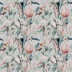 Wallpaper murals Tropical set 1 Tropical seamless pattern with flamingo. Watercolor tropic drawing, rose bird and greenery palm tree, tropic green texture, exotic flower