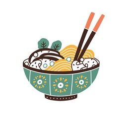 Painted ceramic bowl of Japanese noodle soup served with chopsticks. Ramen dish with meat, mushrooms and greenery isolated on white background. Traditional Asian food. Drawn flat vector illustration