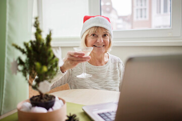 Online celebration. Woman with glass of wine celebrating Christmas with her family via internet