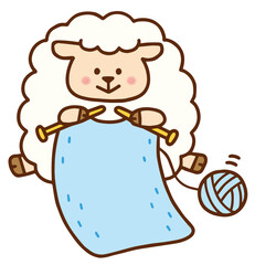 毛糸で編み物をするひつじさん