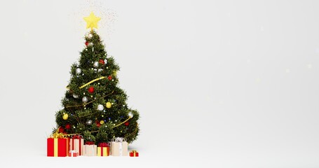 3D illustration of a Christmas tree decorated with red and gold Christmas balls, with a shining golden star, gifts at the bottom in different wrapping paper.