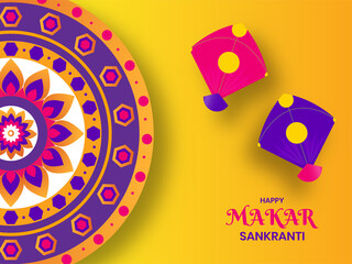 Happy Makar Sankranti Celebration Poster Design With Kites, Colorful Mandala Pattern Or Rangoli On Yellow Background.