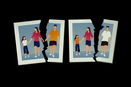 Instant photo frame with depicting a family. Broken family, dad mom and daughter. Family holding hands, painful separation. Polaroid photo imitation, isolated on black background.