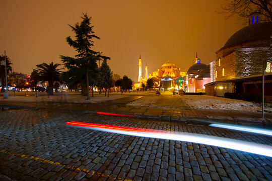 Snowy day in Sultanahmet Square. View of HAGIA SOPHIA. Istanbul, Turkey.Hagia Sophia (Turkish: Ayasofya), Istanbul, Turkey.