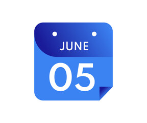 June 5 Date on a Single Day Calendar in Flat Style, 5 June calendar icon