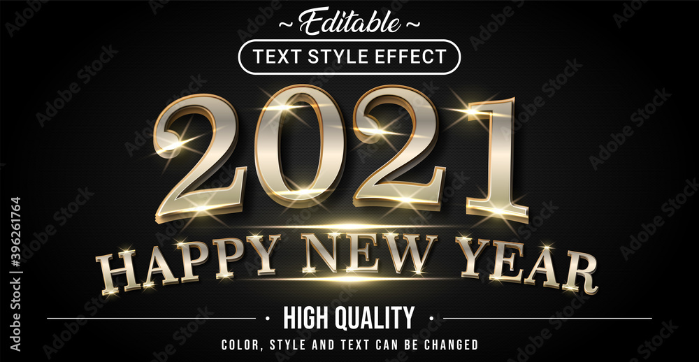 Aufkleber happy new year 2021 with silver and gold text effect color - editable text effect.