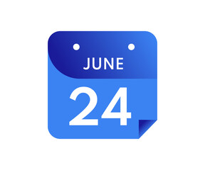 June 24 Date on a Single Day Calendar in Flat Style, 24 June calendar icon