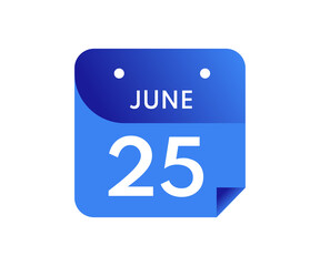 June 25 Date on a Single Day Calendar in Flat Style, 25 June calendar icon