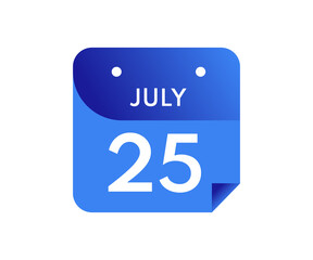 July 25 Date on a Single Day Calendar in Flat Style, 25 July calendar icon