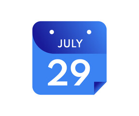 July 29 Date on a Single Day Calendar in Flat Style, 29 July calendar icon