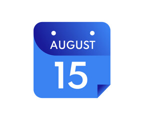 August 15 Date on a Single Day Calendar in Flat Style, 15 August calendar icon