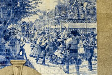 country scenes on the ceiling and walls of Sao Bento train station in Porto