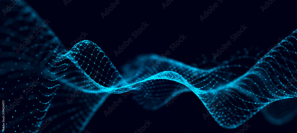 Poster Connected polygons in a geometric background. Cybernetic particles network connection 3d rendering.