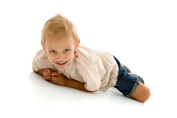 Blonde little boy top view.Isolated on white background.