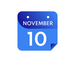 November 10 Date on a Single Day Calendar in Flat Style, 10 November calendar icon