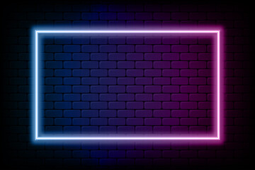 Color rectangle neon frame. Glowing neon light in rectangle shape. Colored bright sign at brick wall background. Vector. © Roman