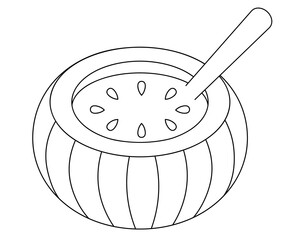 Pumpkin soup. Delicious stew in a pumpkin-cut mold, decorated with pumpkin seeds. Vector illustration. Outline on an isolated white background. Doodle style. Sketch. Coloring book for children. Vegan 