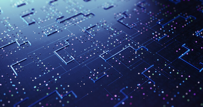 CPU Circuit Technology Background. Data Signals Flowing. Artificial Intelligence. Computer And Technology Related 3D Illustration Render