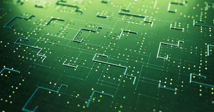 AI Processor Processing Data. CPU Circuit. Data Flowing. Artificial Intelligence. Computer And Technology Related 3D Illustration Render