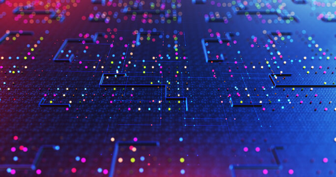 Close Up High Tech Circuit Board. Futuristic Technology. Artificial Intelligence. Computer And Technology Related 3D Illustration Render