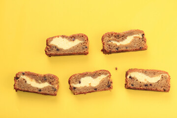Top View Sliced Banana Bread (Banana Cake) with Cream Cheese Filling with Copy Space