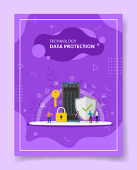 technology data protection people standing around key padlock shield server template of banners, flyer, books cover, magazines