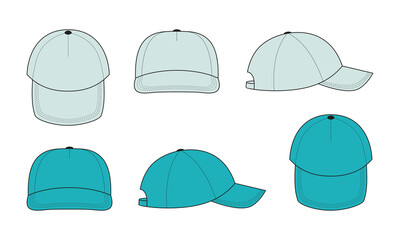 Blank baseball cap template for design. Face and side for logo, print. Mix the colors blue, green, turquoise. Vector illustration.