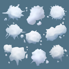 Snowball realistic. Fight funny game with round frozen snowballs slush vector pictures set. Illustration ball snowy, winter season effect snow ball