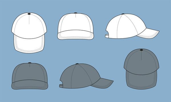 TeBlank baseball cap template for design. Face and side for logo, print. Mix the colors white, gray. Vector illustration.