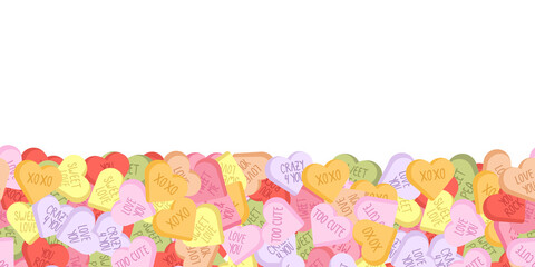 Vector seamless border with colorful sweethearts for valentine day holiday. Cute conversation hearts candy frame. 
