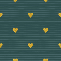 Vector golden foil seamless pattern on tidewater green background with hand-drawn lines. Trendy glitter hearts for Valentine day holiday.