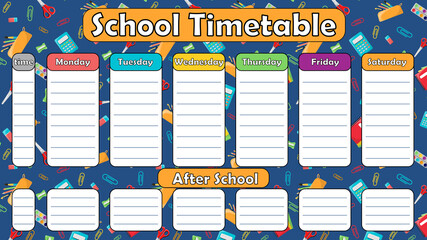 Class schedule, school schedule. Pattern on a school theme in the background. Office supplies. School supplies on a blue background.Timetable.